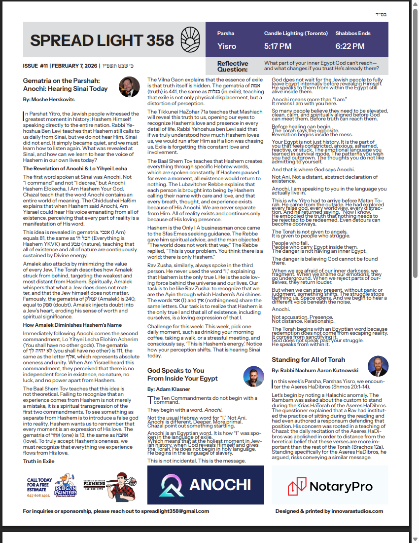 Front page of issue #11, Parshas Yisro