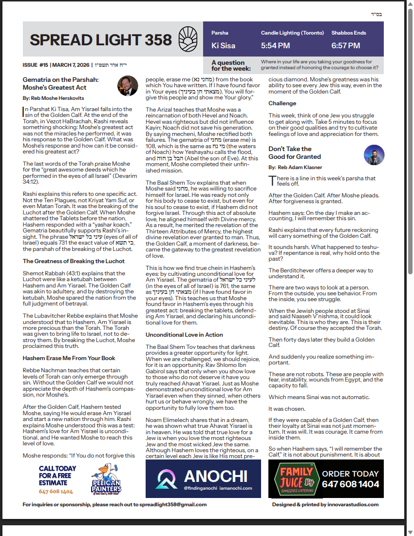 Front page of issue #15, Parshas Ki Sisa