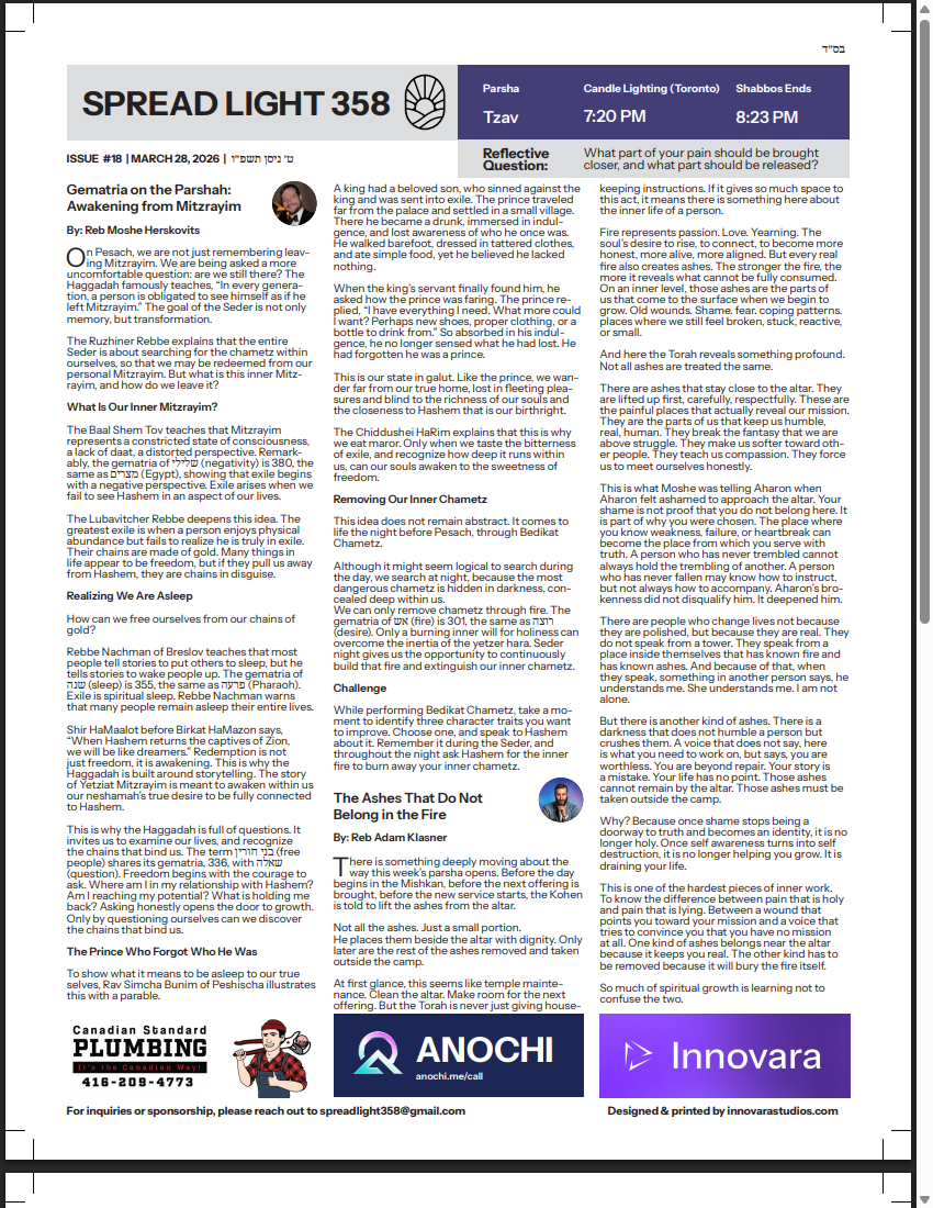 Front page of issue #18, Parshas Tzav