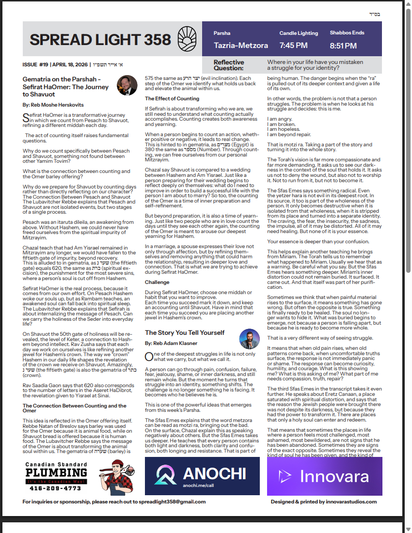 Front page of issue #19, Parshas Tazria & Metzora
