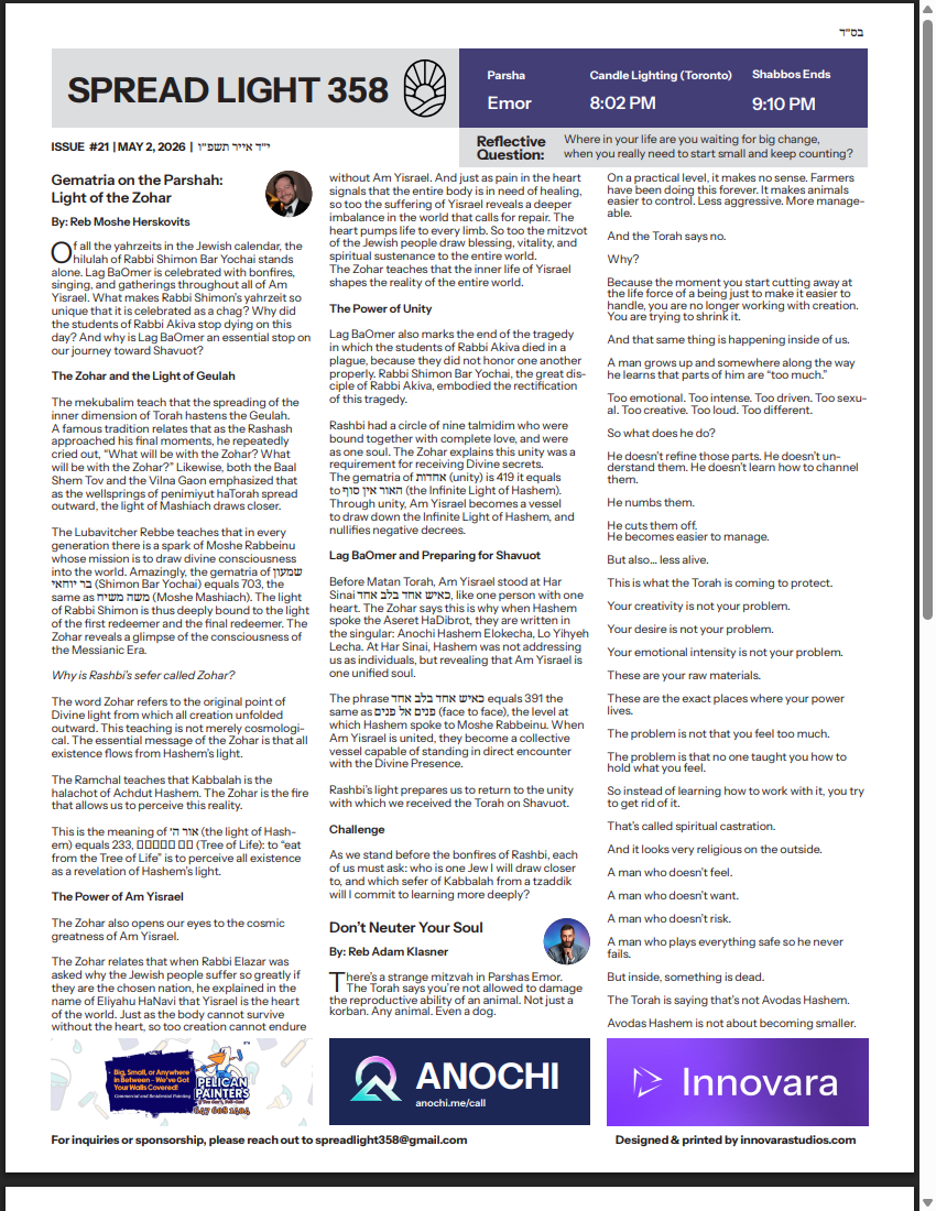 Front page of issue #21, Parshas Emor