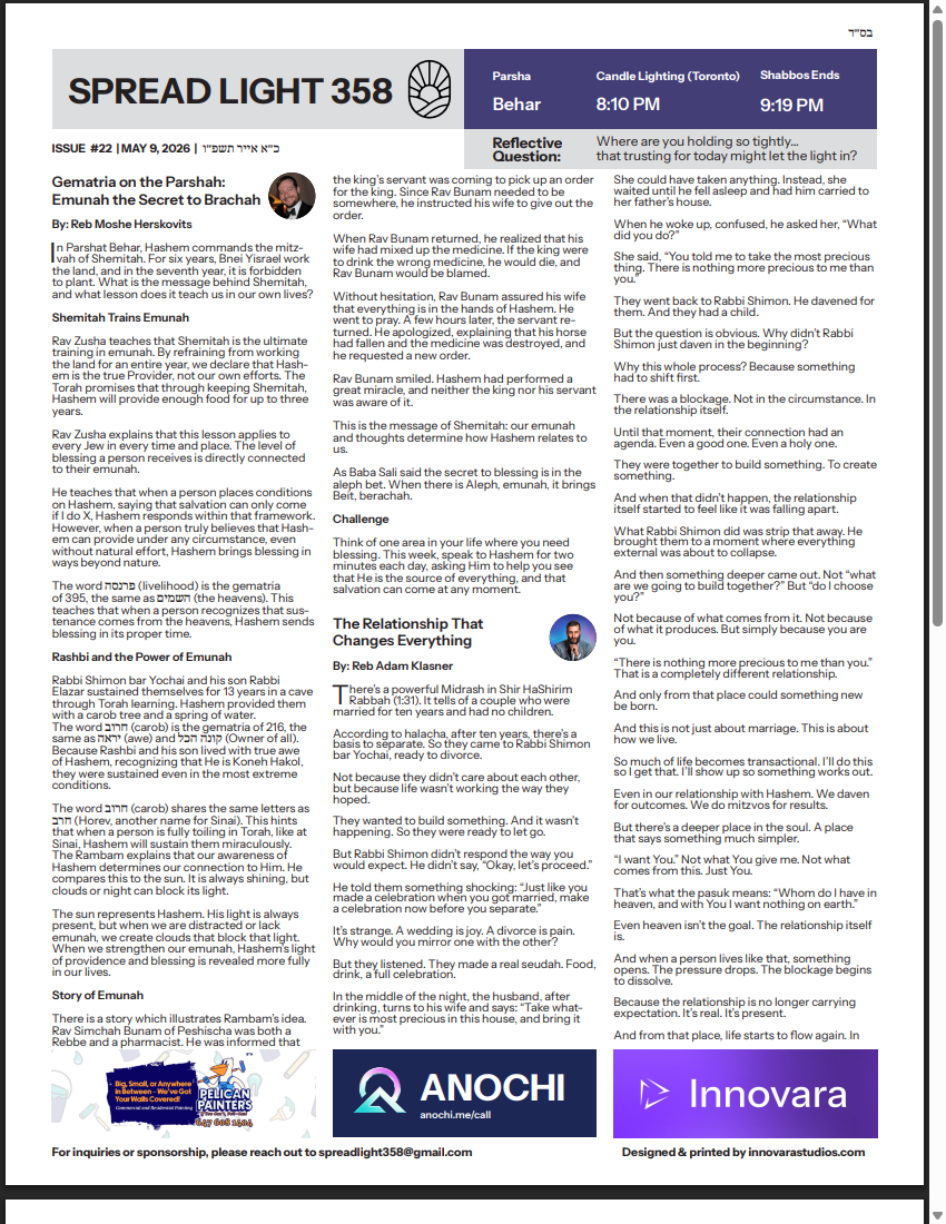 Front page of issue #22, Parshas Behar