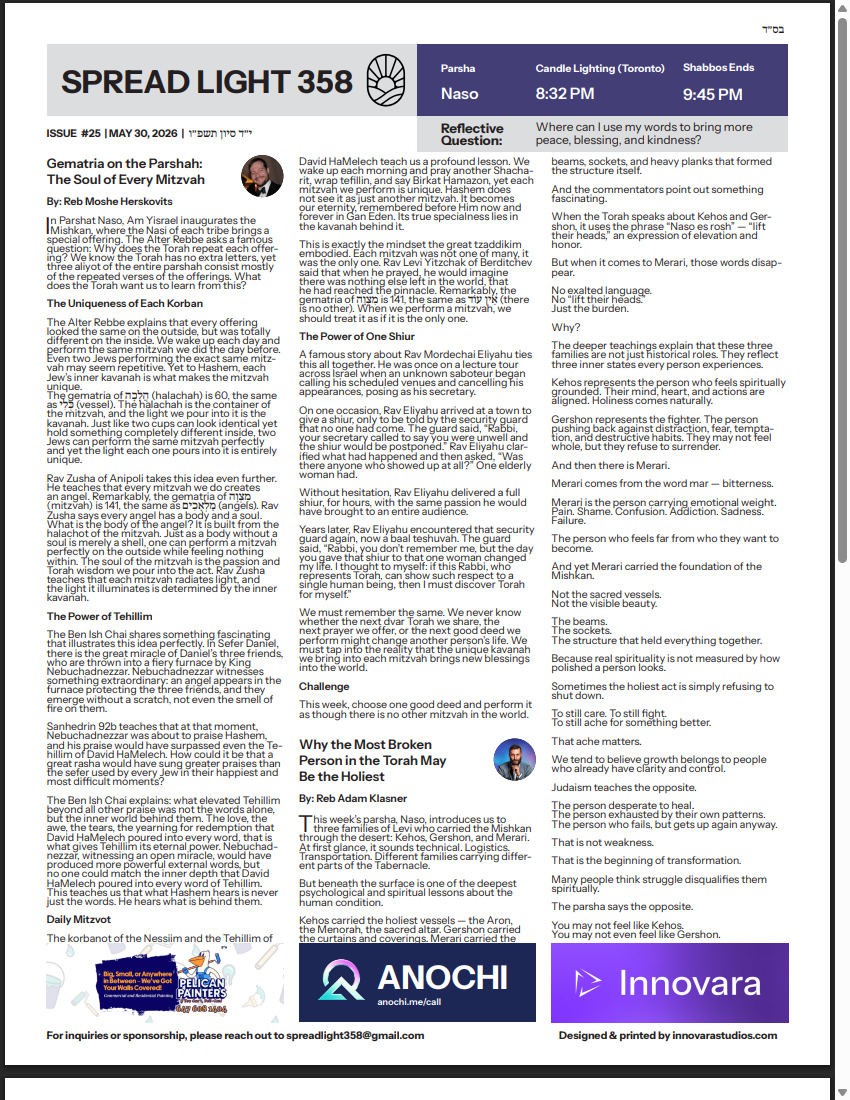 Front page of issue #25, Parshas Naso