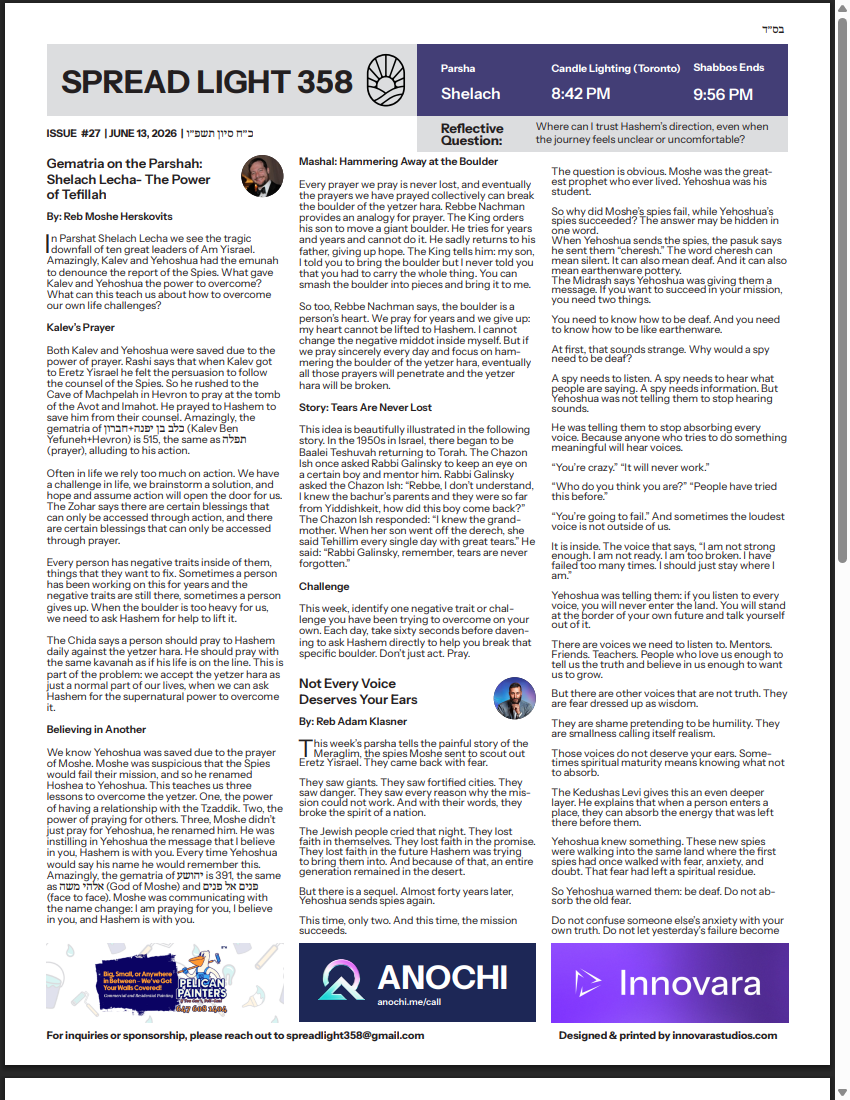 Front page of issue #27, Parshas Shelach