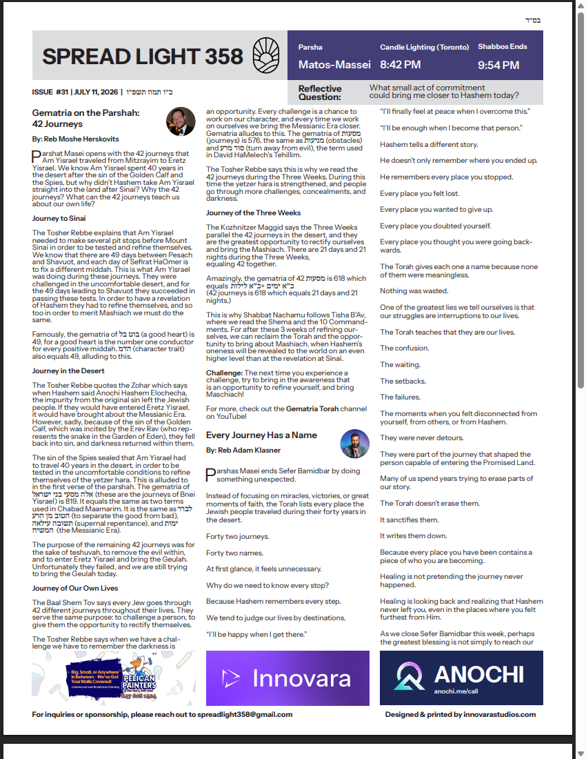 Front page of issue #31, Parshas Matos-Massei