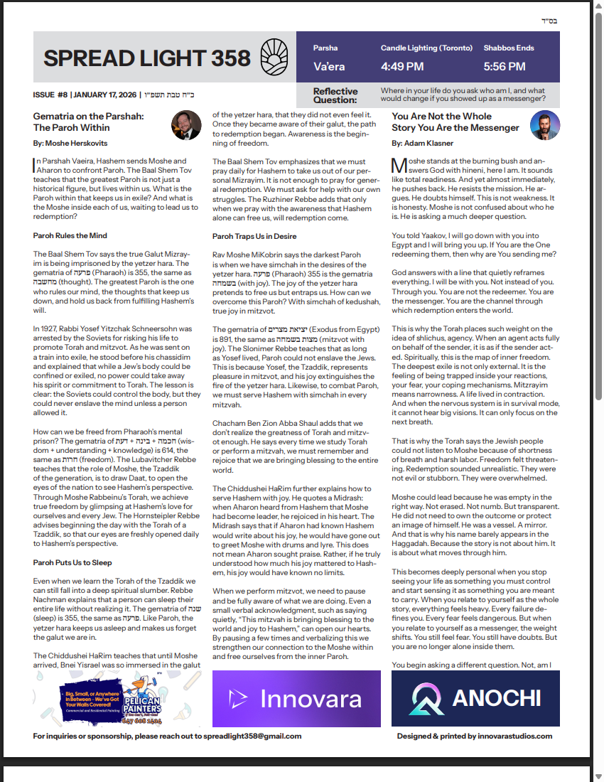 Front page of issue #8, Parshas Va'era