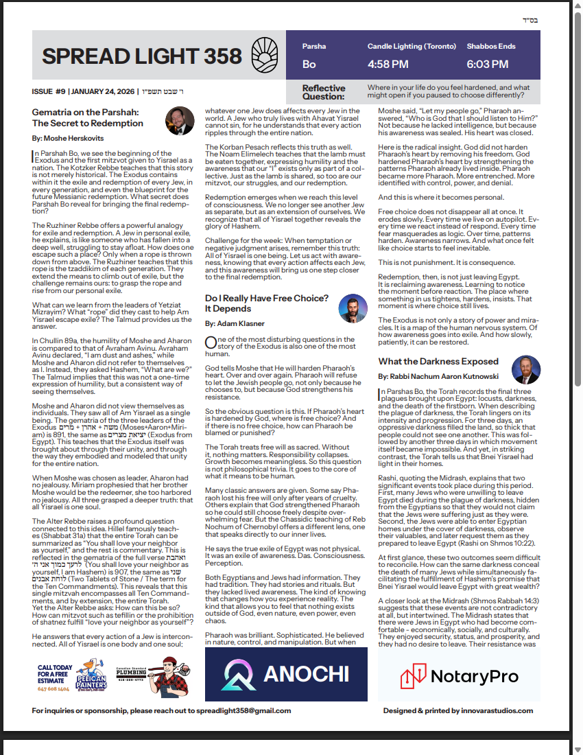 Front page of issue #9, Parshas Bo