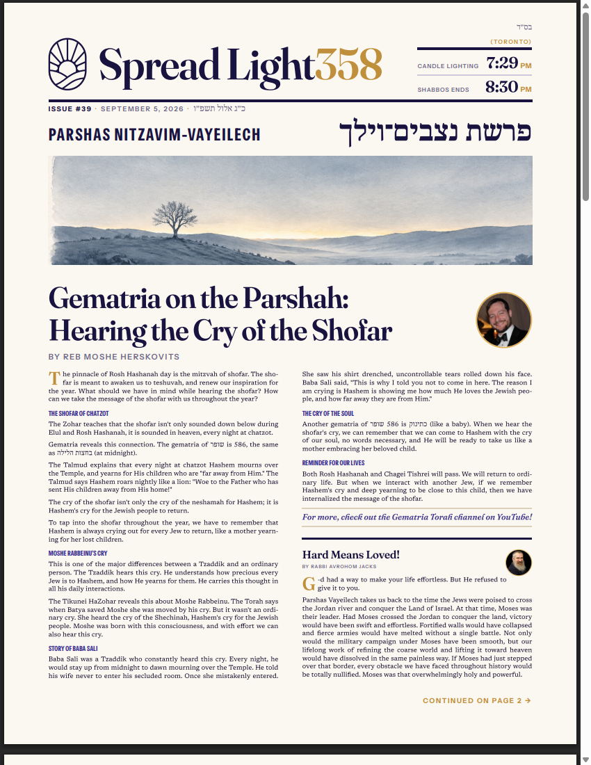 Front page of issue #39, Parshas Nitzavim-Vayeilech