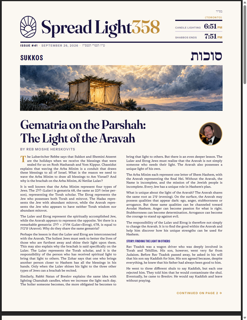 Front page of issue #41, Sukkos